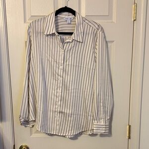 Old Navy Women's White, Beige and Black Striped Button Down Satin Shirt